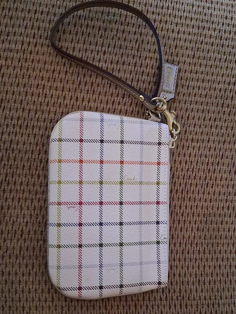 Coach White Plaid Wristlet Phone Case with Multicolor Stripes